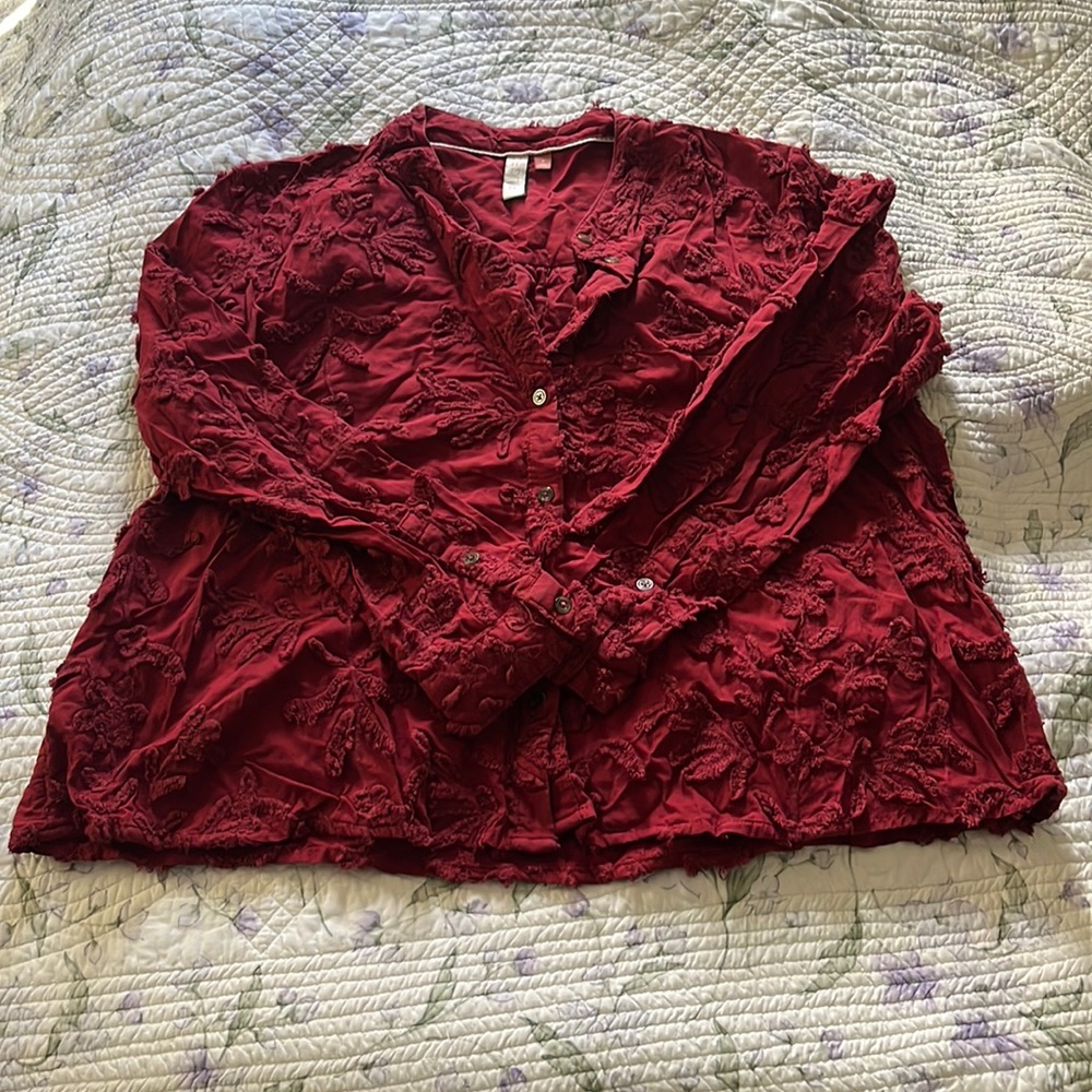 Pilcro size M dark red button down blouse with embroidery.